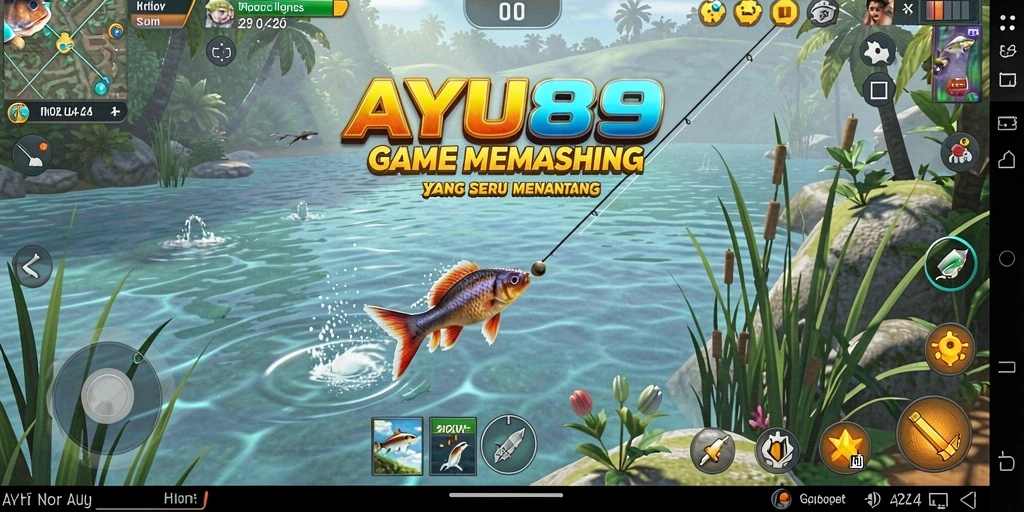 Screenshot gameplay AYU89 menunjukkan aksi memancing yang mendebarkan.