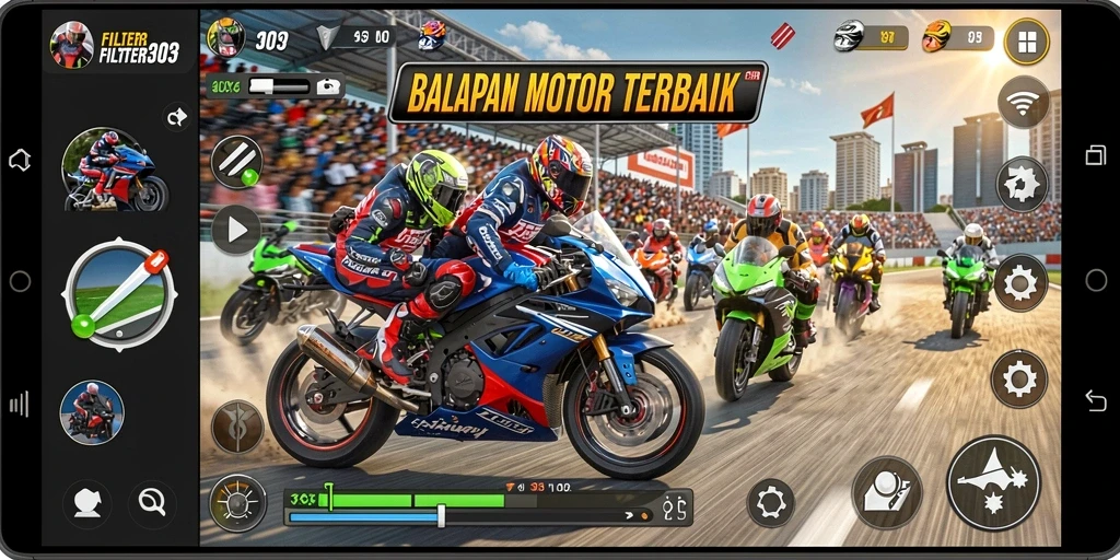 Screenshot FILTER303 menunjukkan aksi balap motor yang seru dan dinamis.