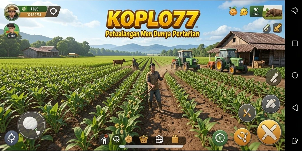 Tampilan gameplay KOPLO77 yang menarik dengan tanaman hijau dan alat pertanian.
