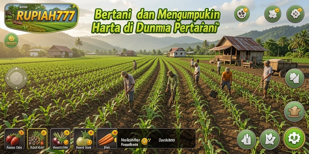 Tampilan gameplay RUPIAH777 saat mengelola pertanian yang rapi dan berwarna.