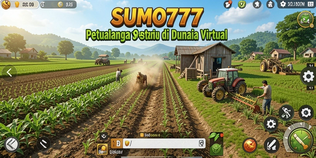 Tampilan screenshot gameplay SUMO777 menunjukkan keindahan ladang hijau dan interaksi petani.