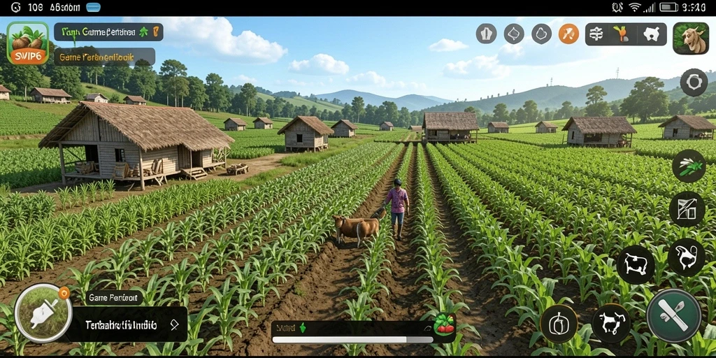Tampilan utama gameplay SVIP6 dengan ladang yang subur dan hewan ternak.