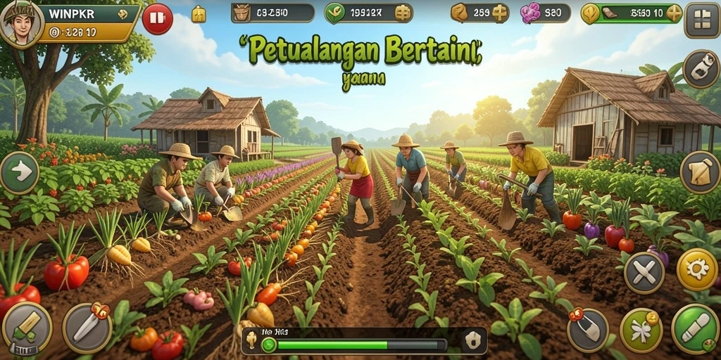 Screenshot gameplay WINPKR yang menampilkan aktivitas bertani dan interaksi.